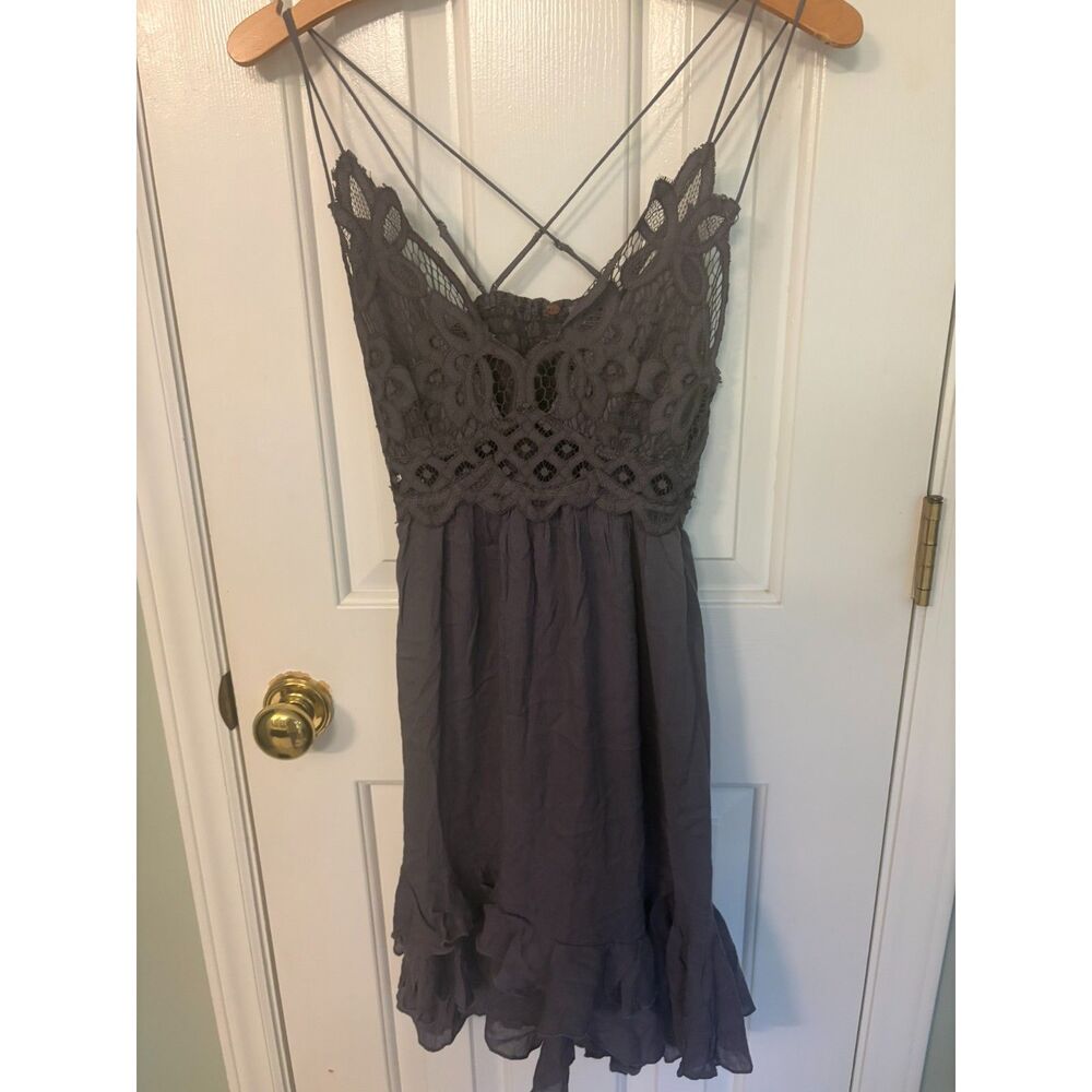 Free People Adella Slip Dress Small Charcoal Gray Crochet Lace Handkerchief